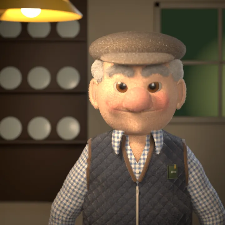 Francie, a felt farmer in a flat cap and quilted gilet, in his kitchen at night